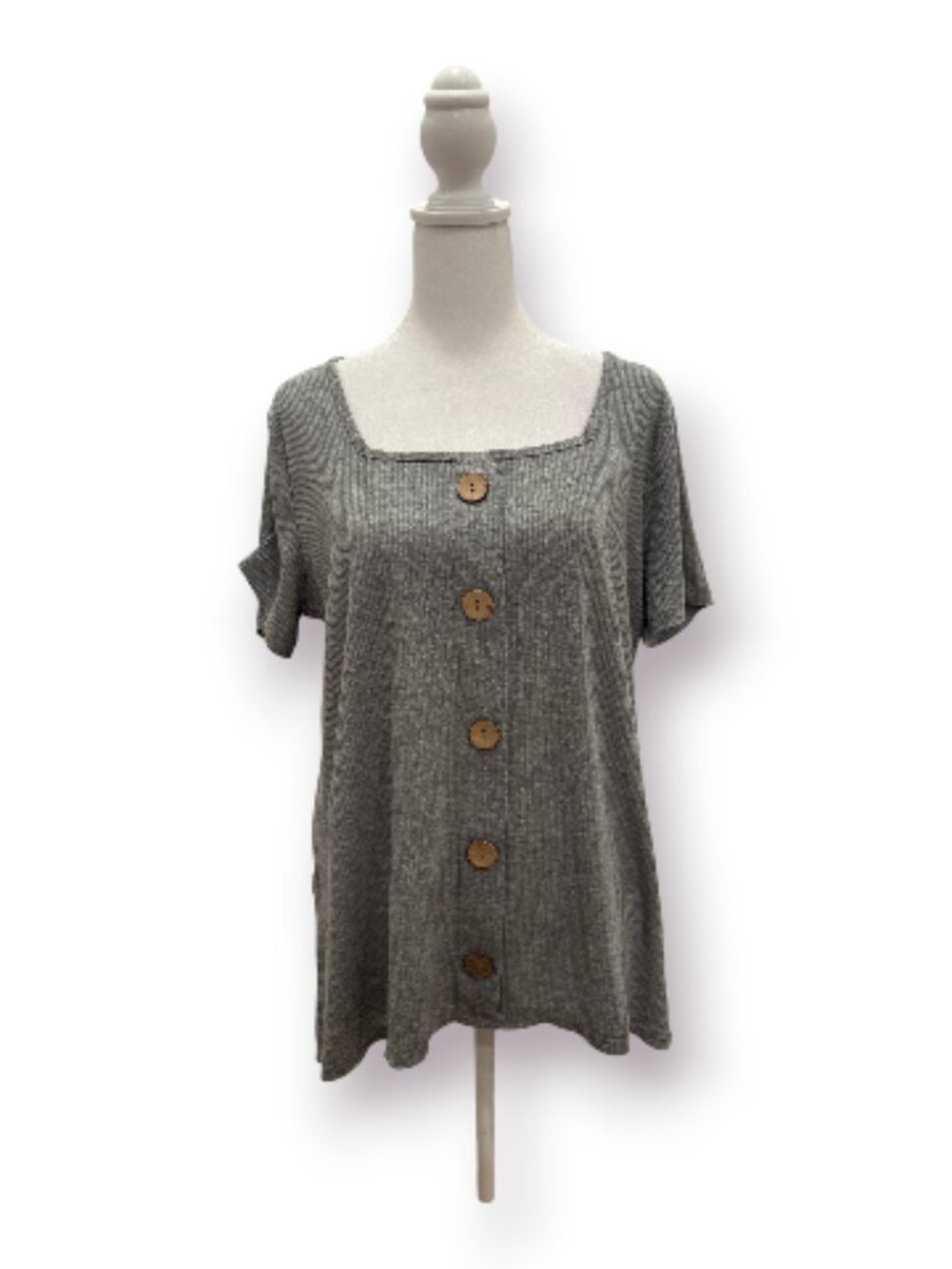 French Laundry Heather Grey Ribbed Faux Button Square Neck Top Size Large EUC